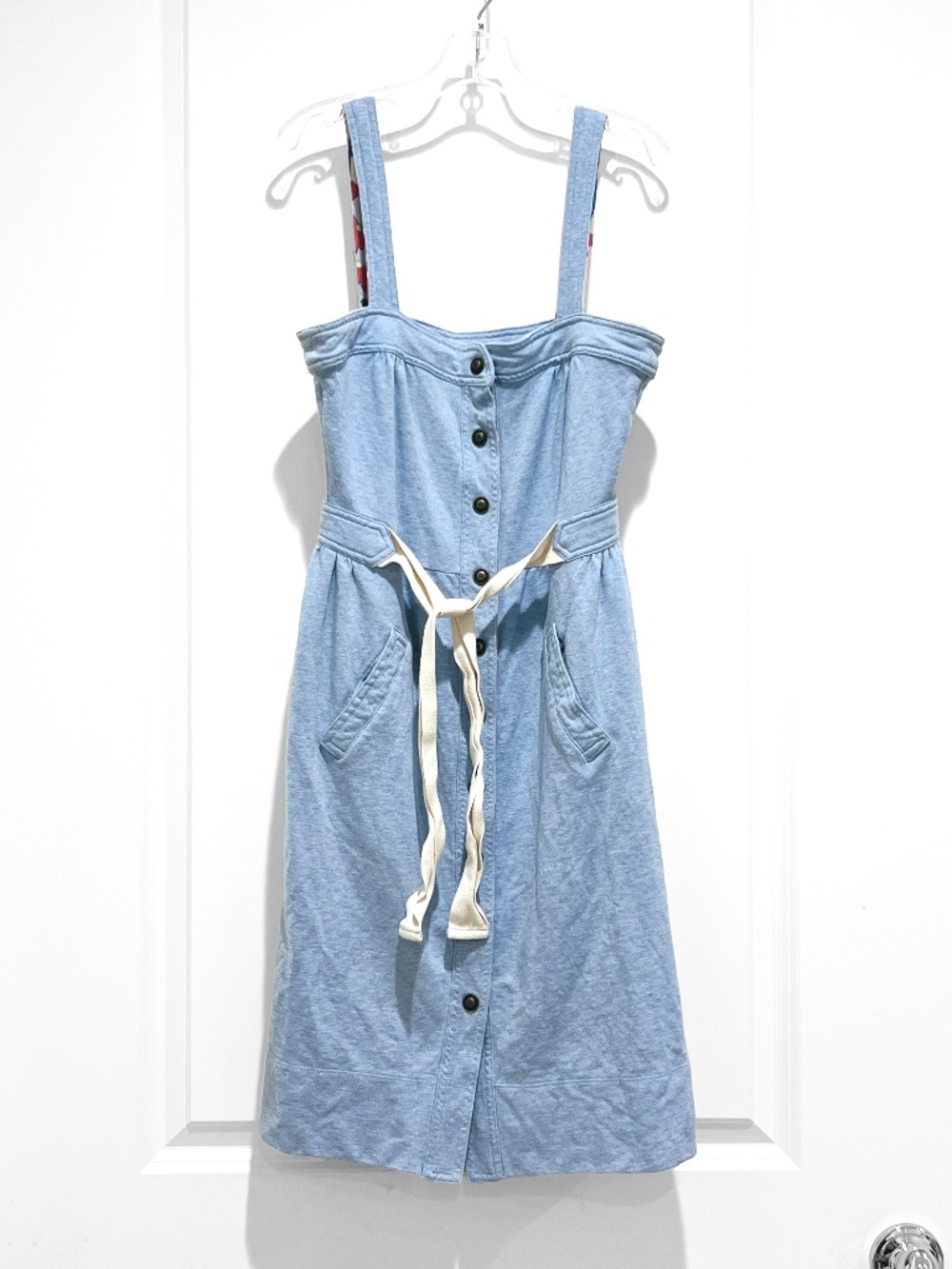 Anthropologie Allihop Blue Knit Apron Dress Pinafore Button Front Sun Midi XS